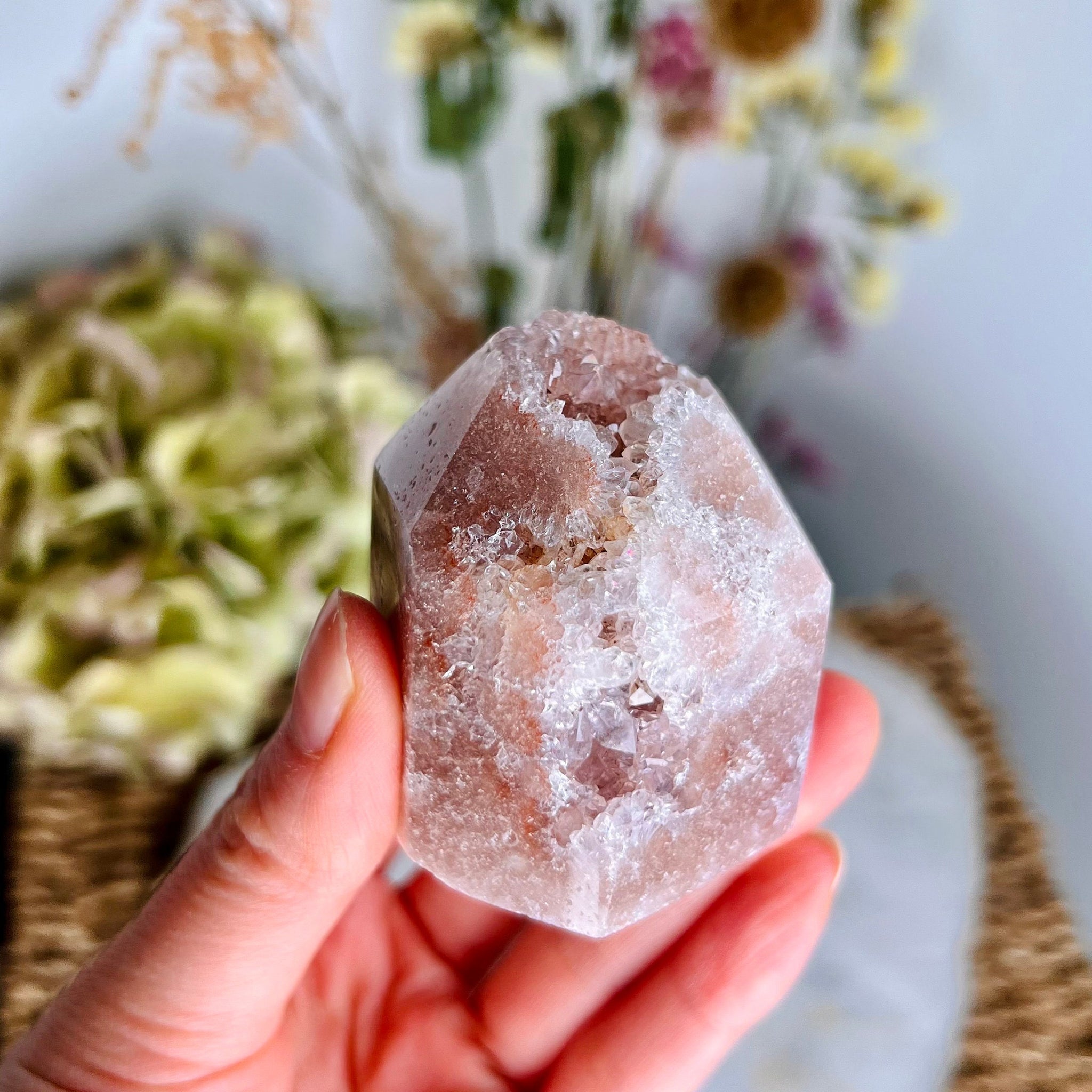Grade AAA Natural Pink Amethyst Tower with Flower Druzy Geode, Full body sparkle, Soothing Energy & Divine Femininity 155g PET08