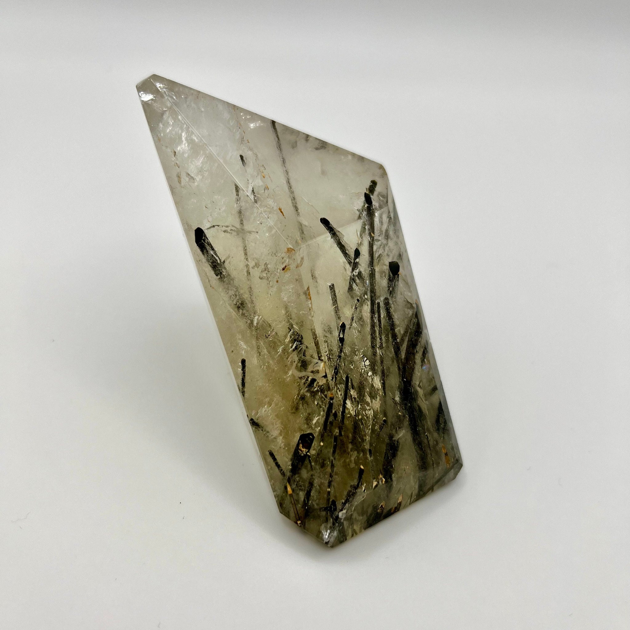 Grade AA Natural Black Tourmaline in Quartz–Polished Freeform with Rainbows, Protection and Energy Healing RQ01 265g