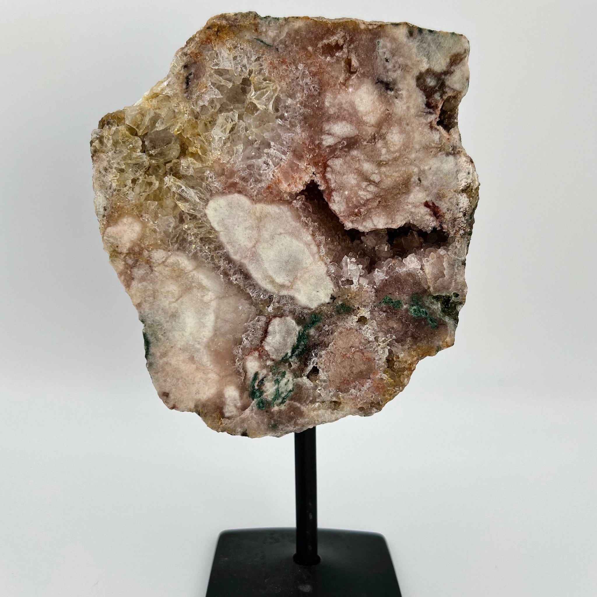 Super Extra Quality Pink Amethyst with Druzy Geode Slab on Stand, Green Jasper Inclusion , 0.4kg