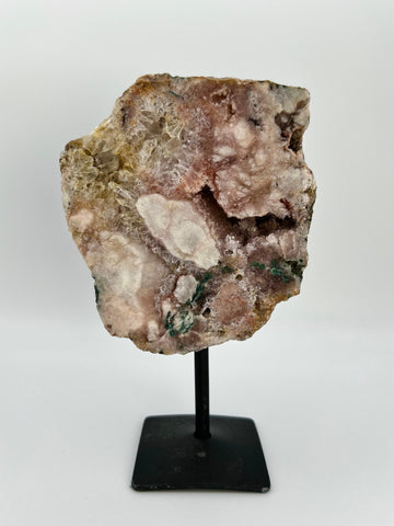 Super Extra Quality Pink Amethyst with Druzy Geode Slab on Stand, Green Jasper Inclusion , 0.4kg