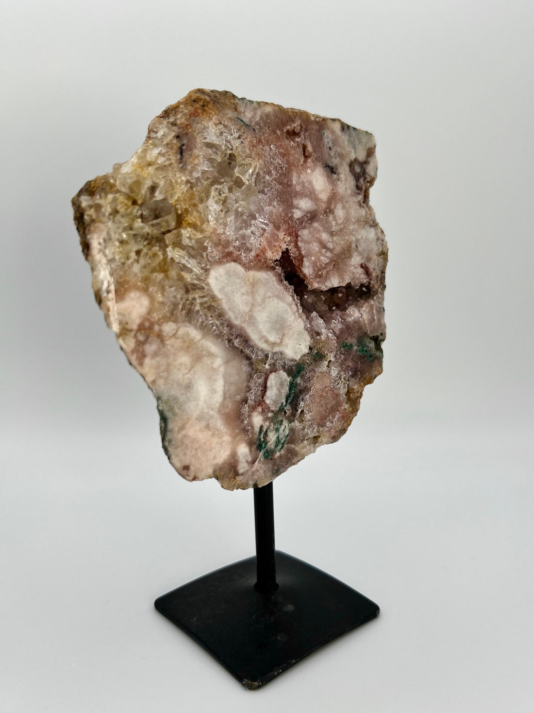 Super Extra Quality Pink Amethyst with Druzy Geode Slab on Stand, Green Jasper Inclusion , 0.4kg
