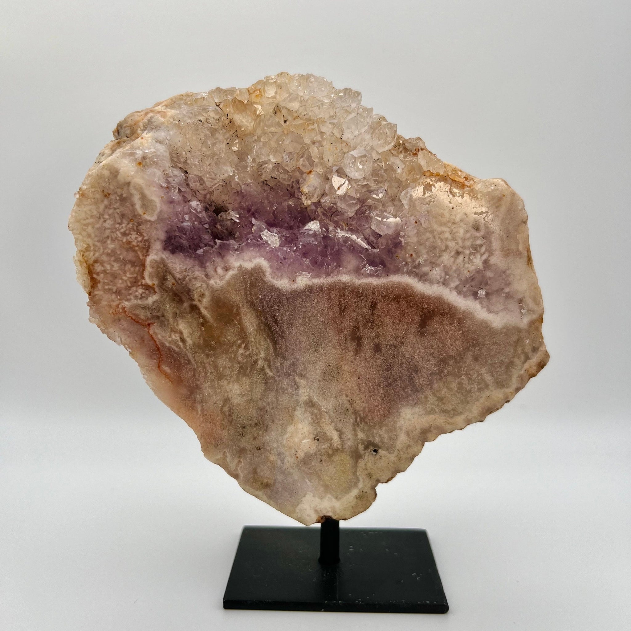 Super Extra Quality Natural Pink Amethyst Slab with Amethyst Quartz Geode on Stand, Red Hematite Inclusion 0.8kg