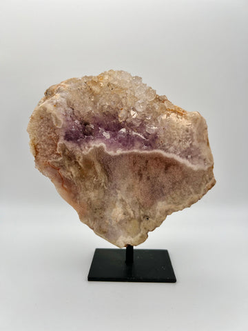 Super Extra Quality Natural Pink Amethyst Slab with Amethyst Quartz Geode on Stand, Red Hematite Inclusion 0.8kg