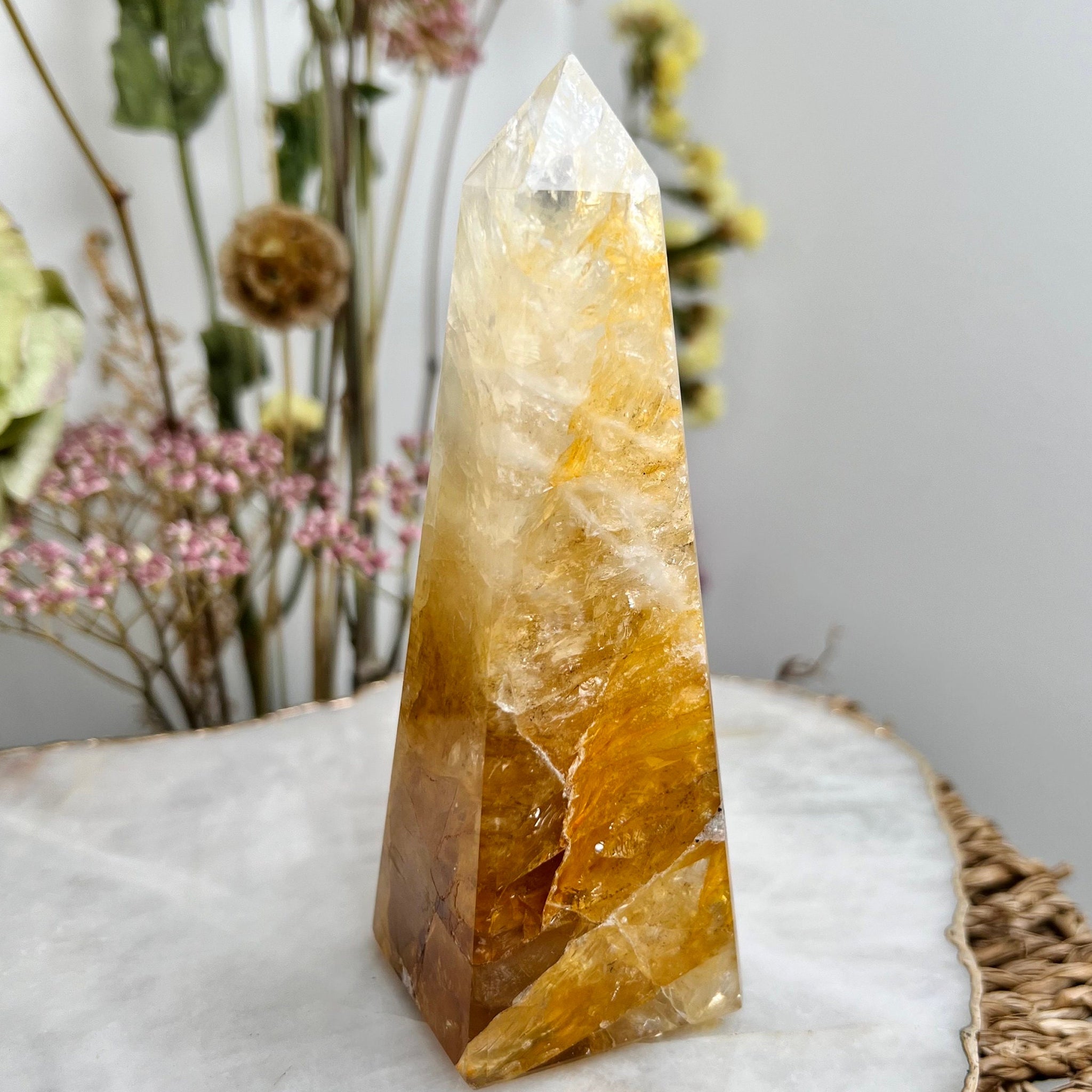 Grade AAA Golden Healer Obelisk with Rainbows, Source Energy Crystal Tower 291g GHO05 Discounted for minor imperfection on tip