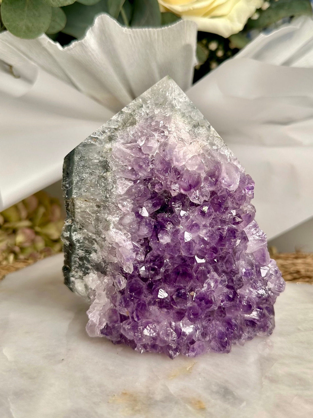 Grade AA+ Natural Brazilian Amethyst Geode Cutbase Tower with Agate, crystal healing home decor 803g ACT35