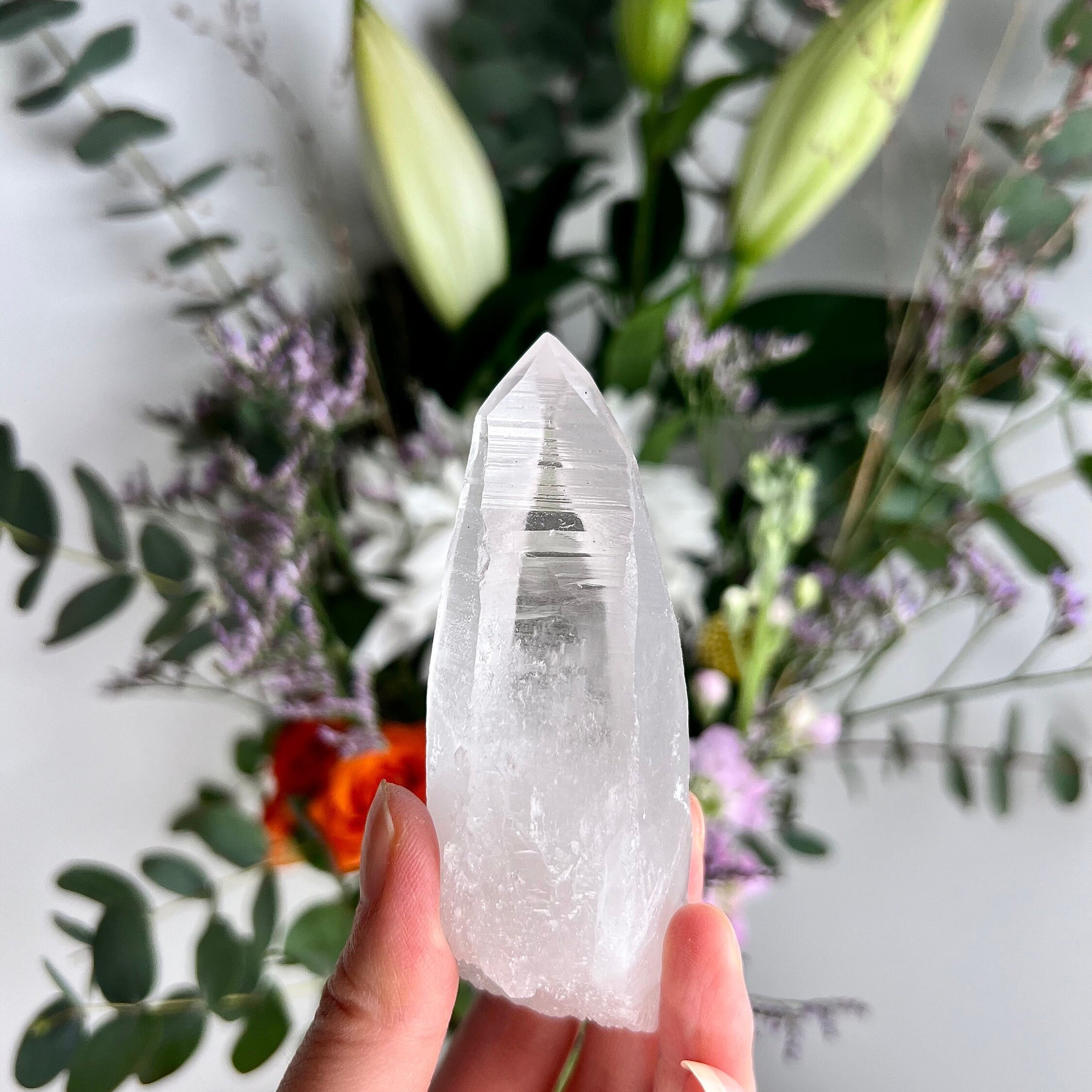Natural Grade AAA Clear Lemurian Quartz with Rainbow, Crater Formation, Self Healed, Starseed wand 122g SL08