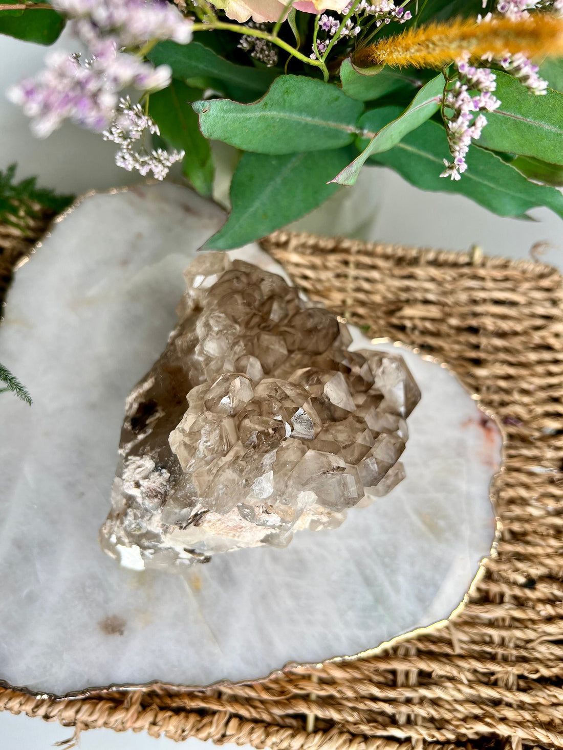 Grade AA 100% Natural Smoky Elestial Quartz with Golden Mica & Blue Tara - A Masterpiece of Earthly Wisdom and Cosmic Protection 989g, EQC02
