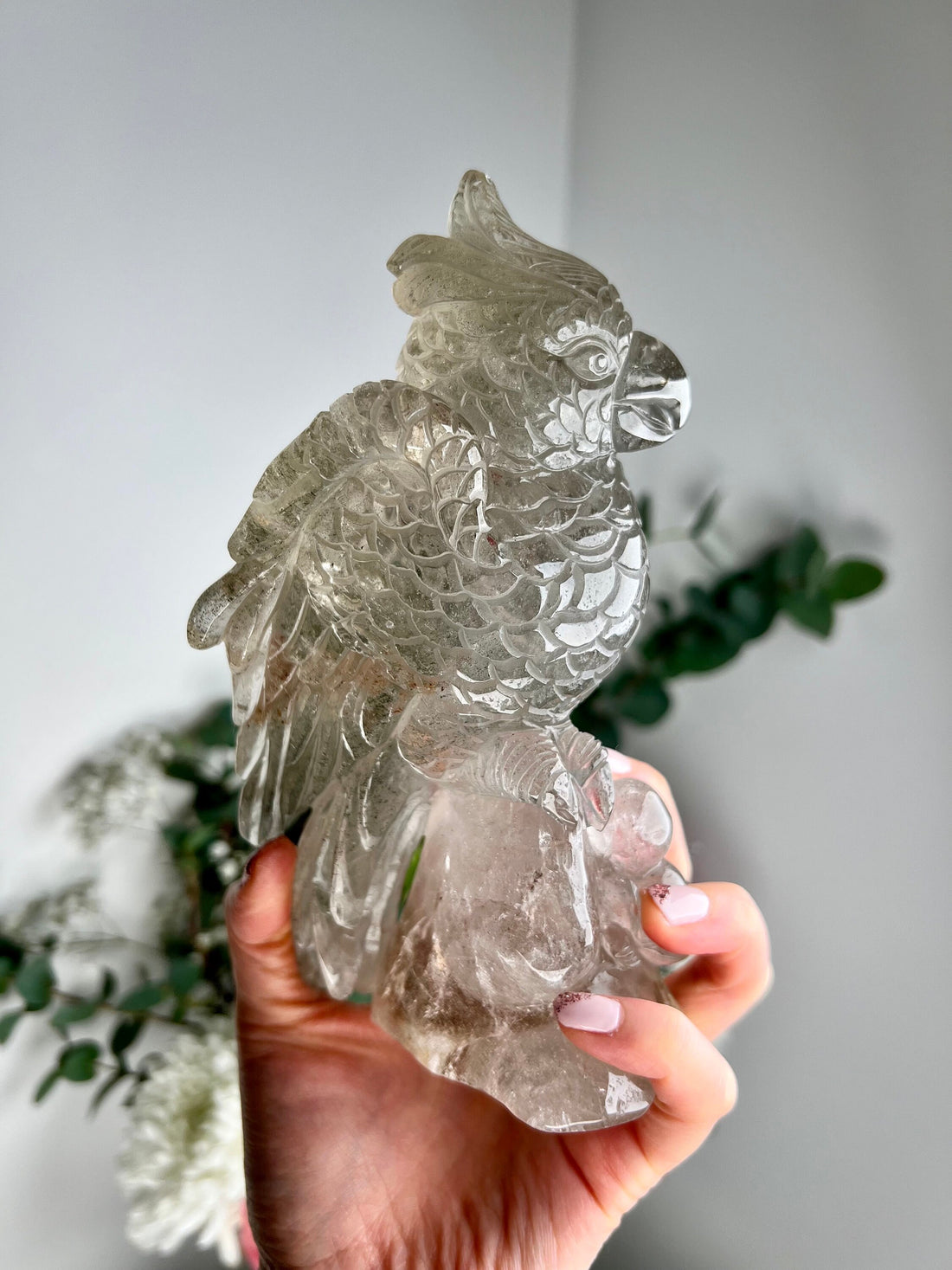Grade AA+ Natural Garden Quartz Parrot Carving - Exquisite Lodolite Quartz Crystal Bird, 1.008kg