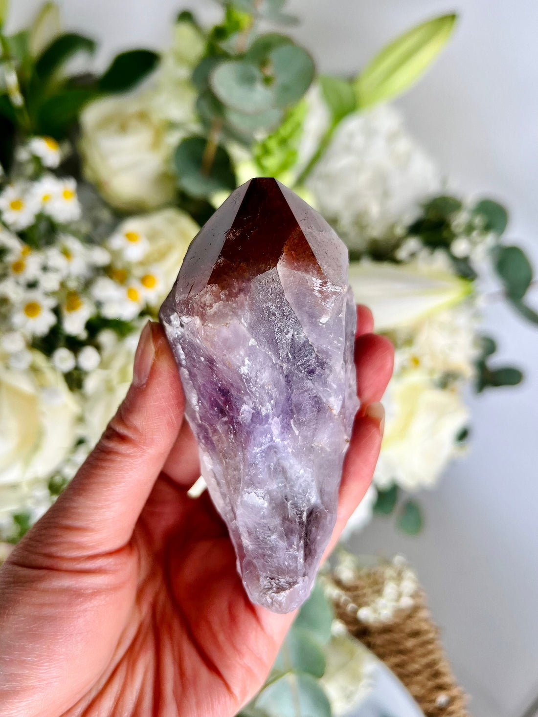 Rare Grade AA 100% Natural Super Seven Crystal Point with Semi-Polished Red Cap & Golden Rutile - The Miracle Stone 216g -SSP04