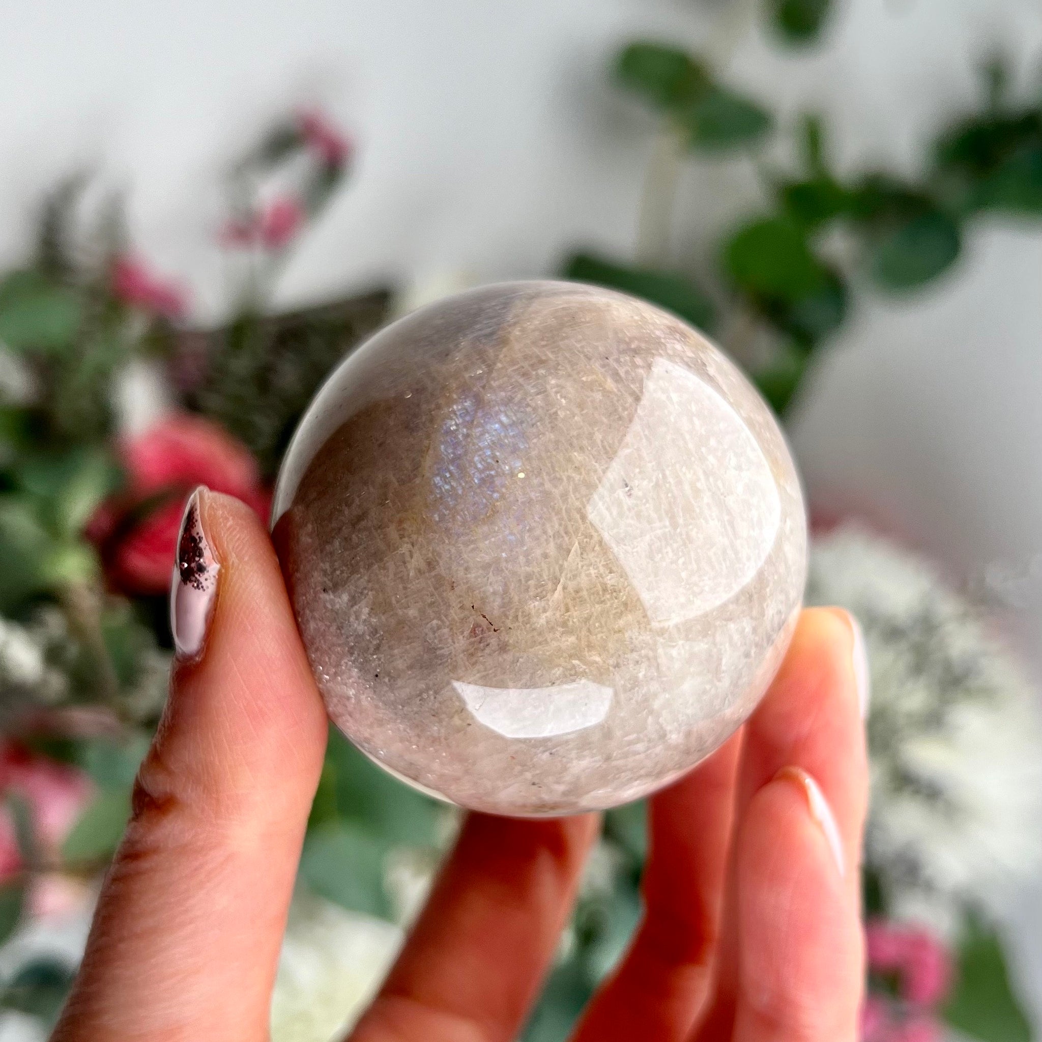 Grade AAA Natural Moonstone Sphere with stand- Enchanting Blue Flash, Ideal for Motherhood & Healing, MSQ06, 176g