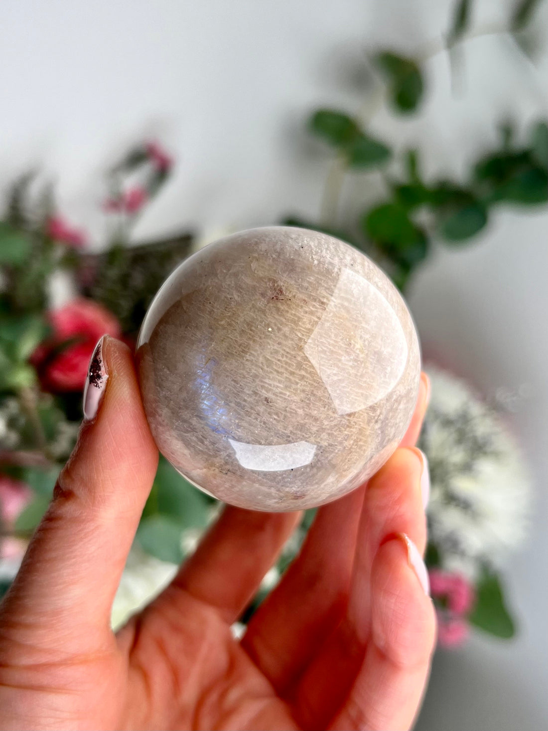 Grade AAA Natural Moonstone Sphere with stand- Enchanting Blue Flash, Ideal for Motherhood & Healing, MSQ06, 176g