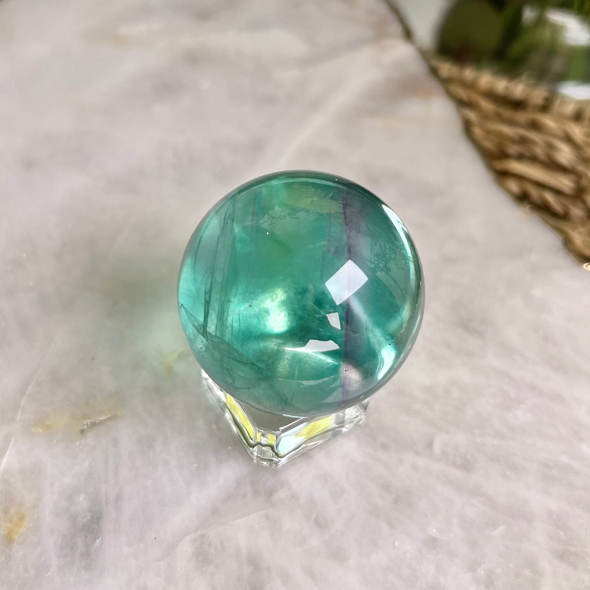 Grade AAA Rainbow Fluorite Sphere with Stand - Super Gemmy Green and Purple Fluorite, discounted for minor imperfection. RFS07, 100g