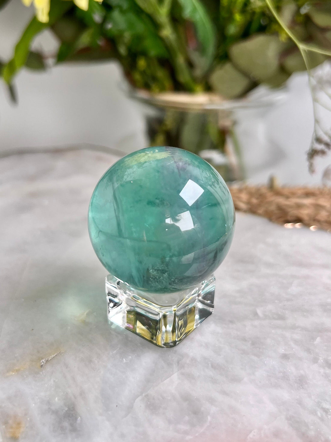 Grade AAA Rainbow Fluorite Sphere with Stand - Super Gemmy Green and Purple Fluorite, discounted for minor imperfection. RFS07, 100g