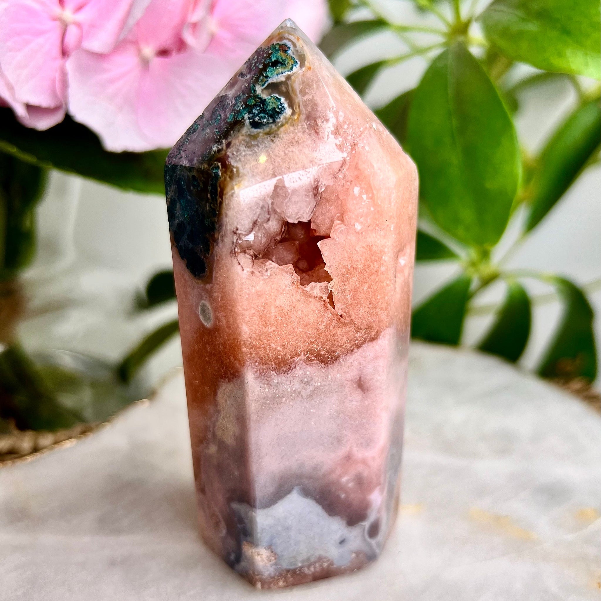 Grade AAA Pink Amethyst Tower with Druzy Geode and Green Jasper - Soothing Energy & Divine Femininity 261g PET07