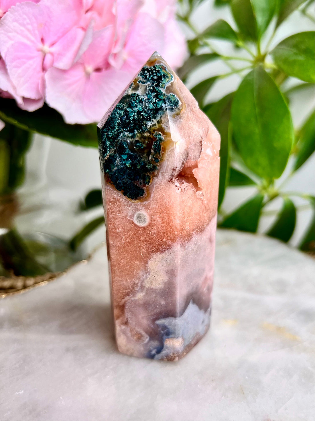 Grade AAA Pink Amethyst Tower with Druzy Geode and Green Jasper - Soothing Energy & Divine Femininity 261g PET07