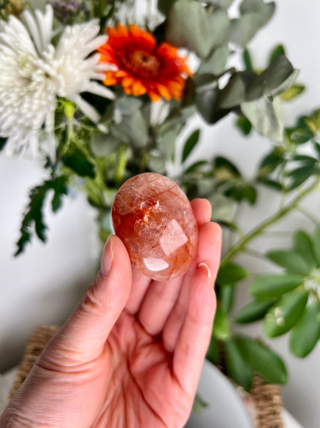 Grade AA Natural Fire Quartz Palmstone with Rainbow - The Spark of Creativity and Emotional Rejuvenation, FPQ29, 50g
