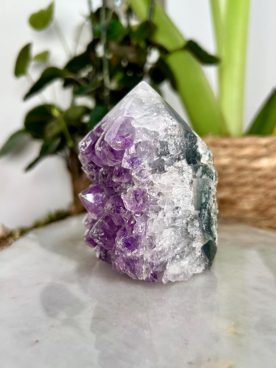 Natural Brazilian Amethyst Geode Tower with Agate, Quartz, and Rainbows, 292g ACT36