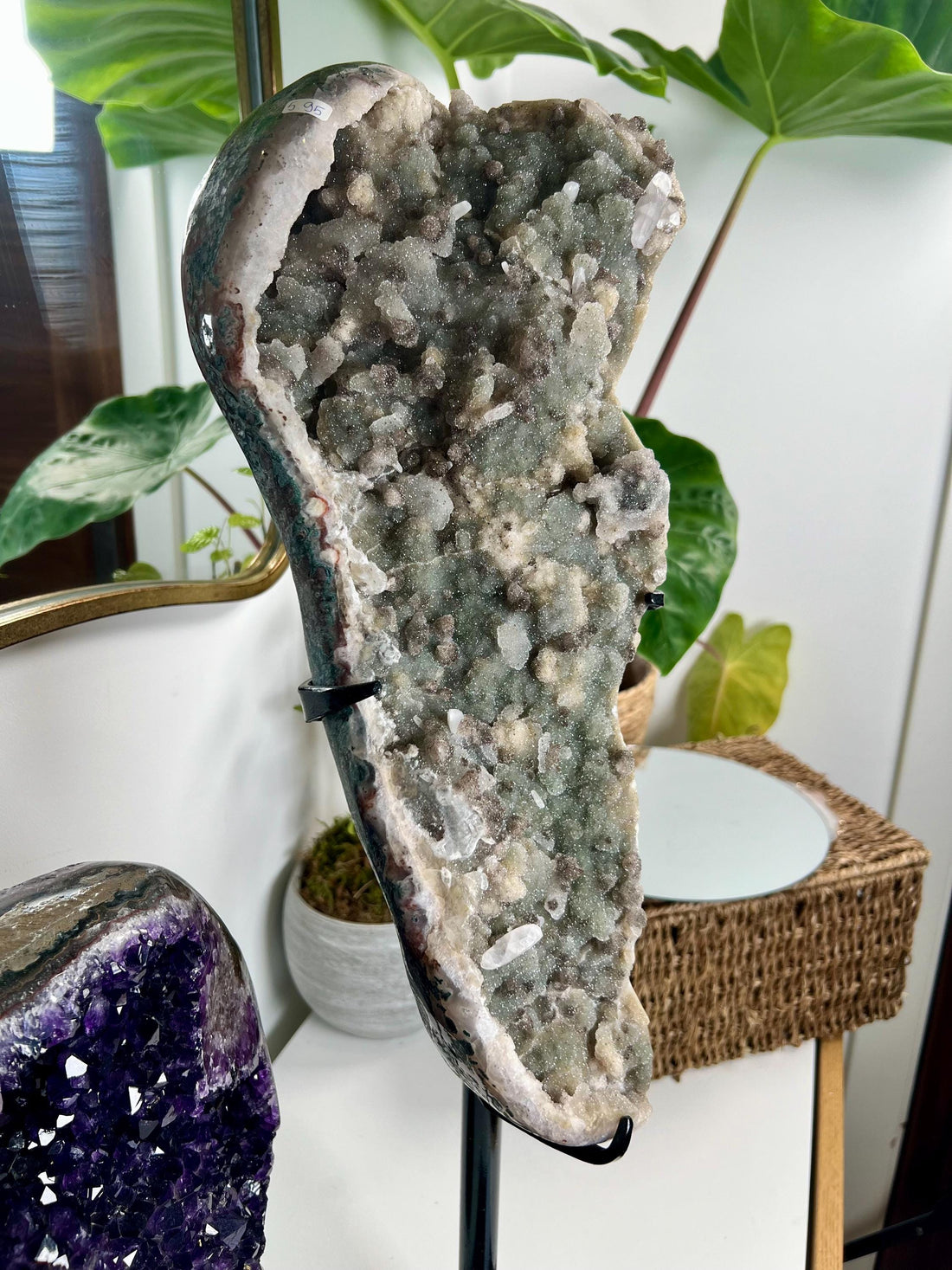 Grade AA 100% Natural Green Amethyst Druzy Geode on Stand – Featuring Calcite, Jasper, and Agate, Large Statement Piece 5.95kg