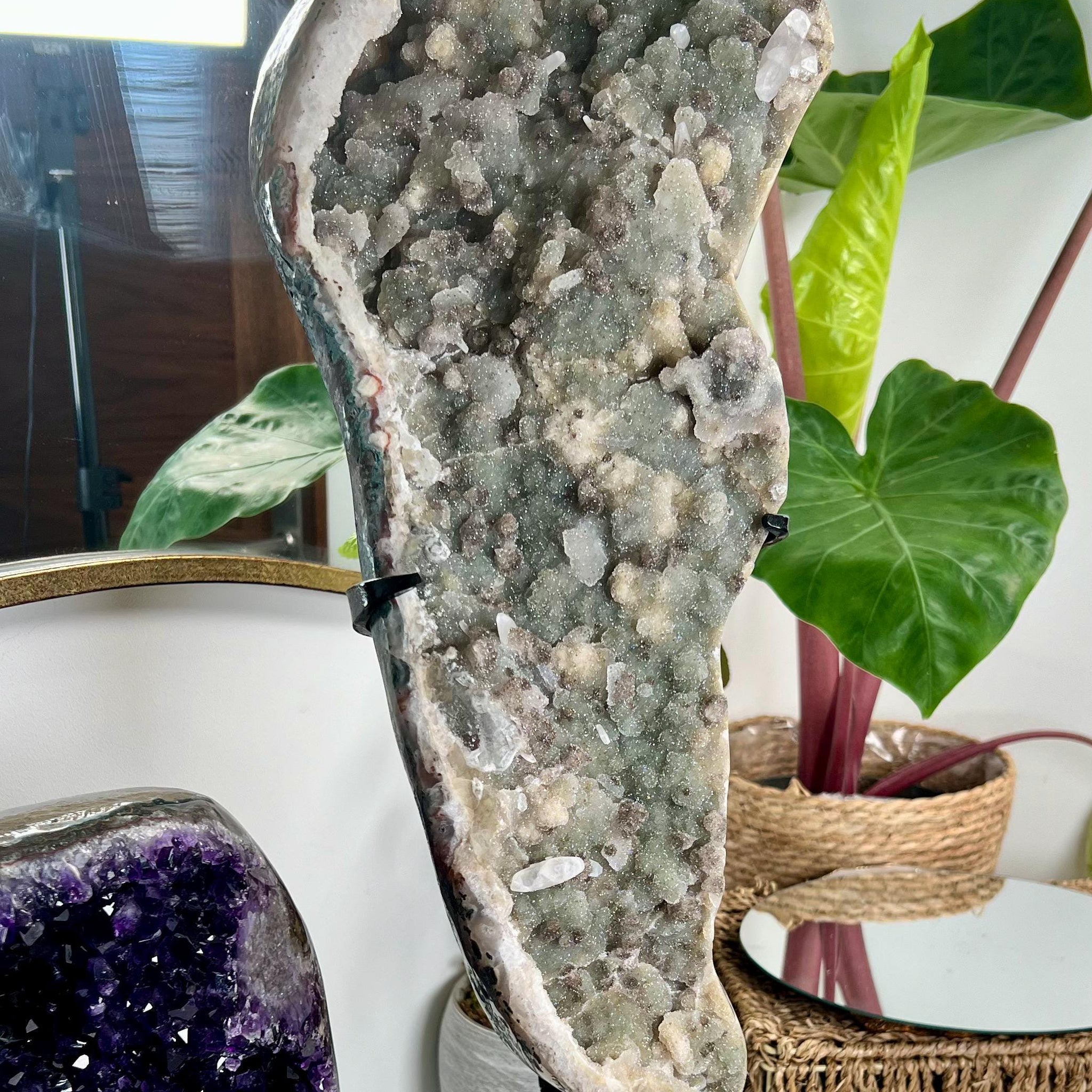 Grade AA 100% Natural Green Amethyst Druzy Geode on Stand – Featuring Calcite, Jasper, and Agate, Large Statement Piece 5.95kg