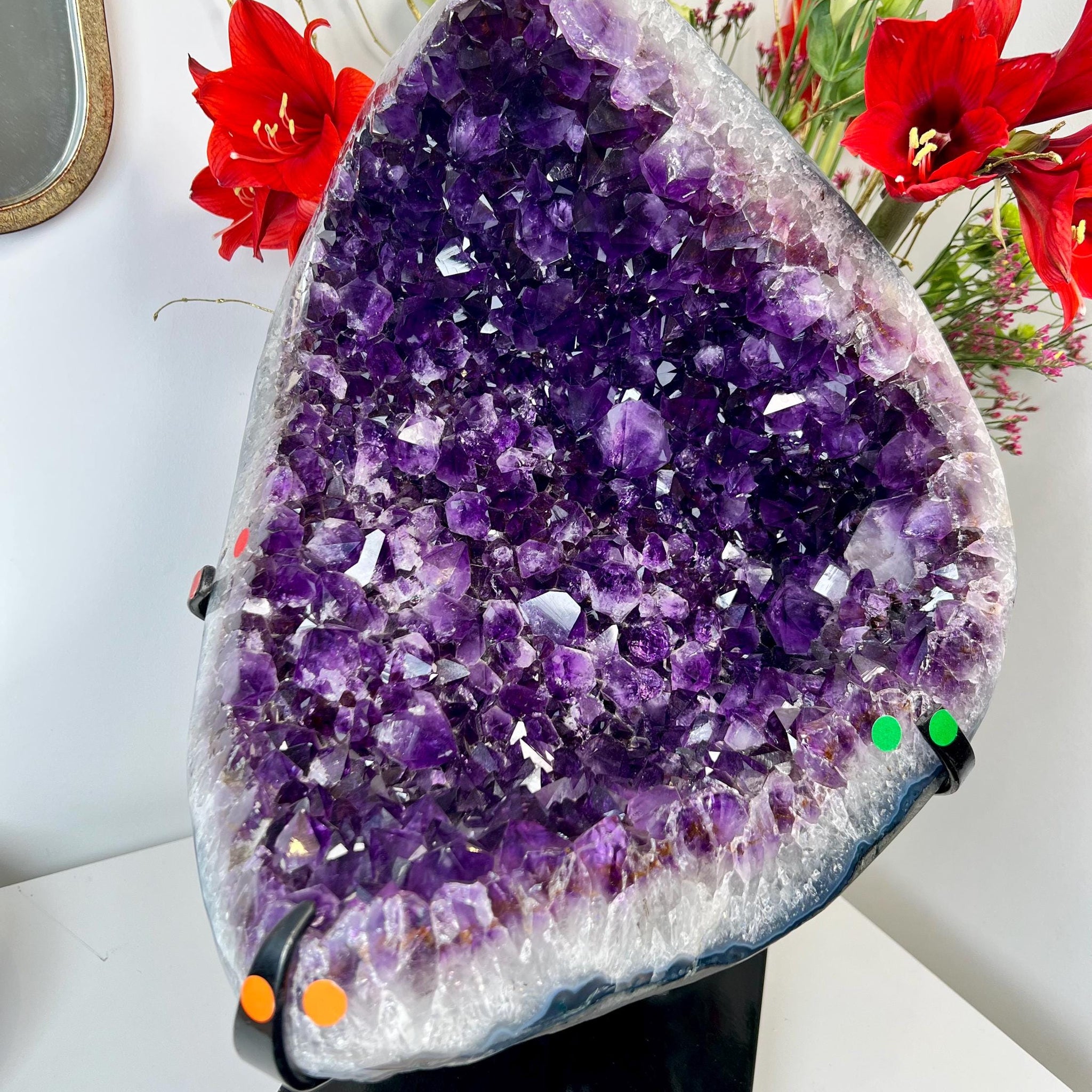 Grade AAA XL Brazilian Amethyst Geode with Rutile – 20.8kg Statement Piece on Metal Stand, Top Quality, Deep Purple
