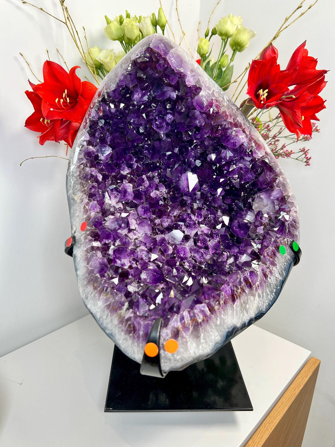 Grade AAA XL Brazilian Amethyst Geode with Rutile – 20.8kg Statement Piece on Metal Stand, Top Quality, Deep Purple