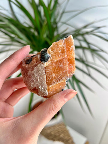 Grade A Natural Orange Calcite with Apatite, Raw Crystal, Sacral, Solar Plexus, and Third Eye Chakra, from Bahia Brazil CA04, 100g