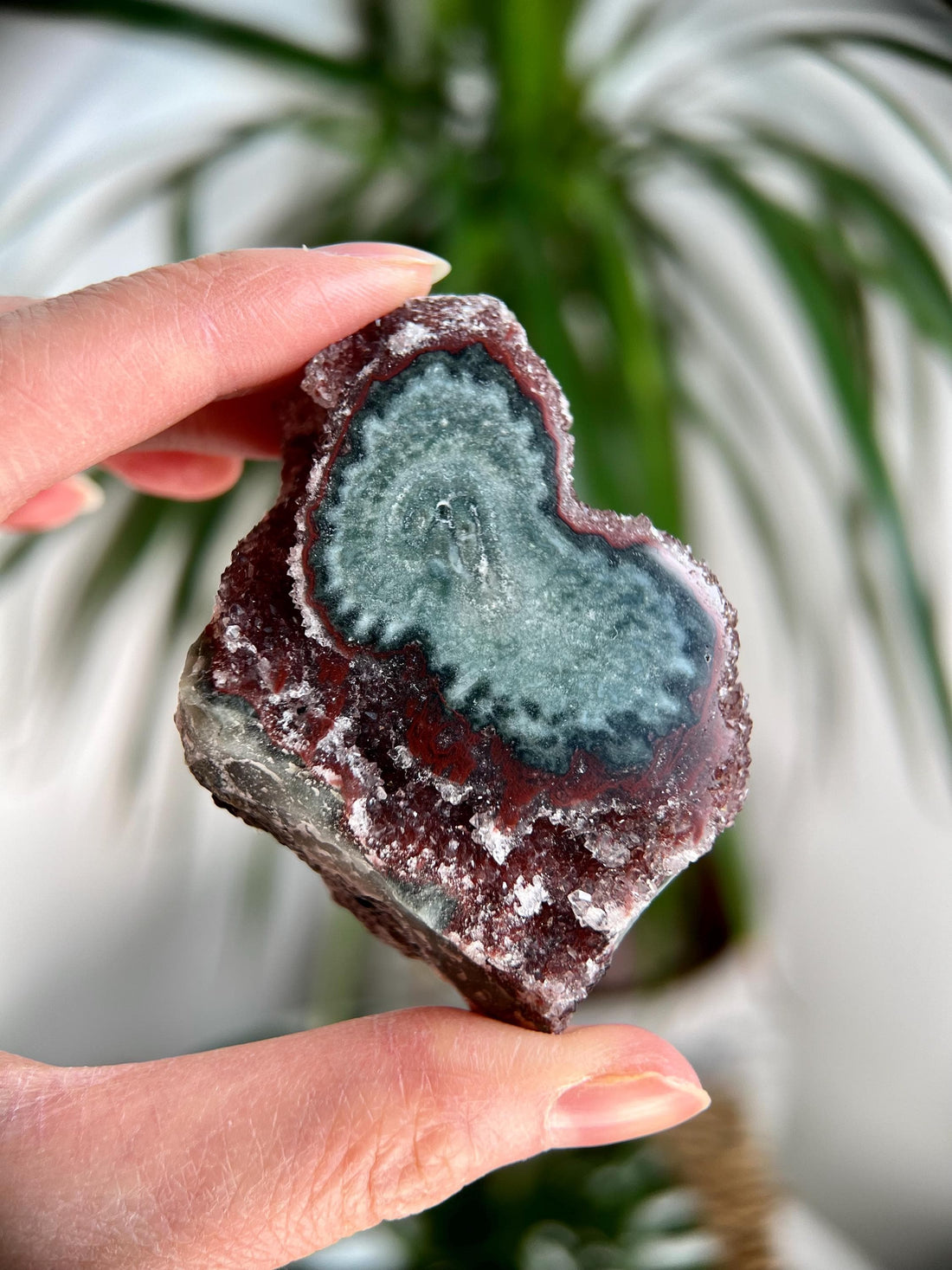 Grade AA Natural Red Druzy with Green Jasper Stalactite Eye from Uruguay – Rainbow Amethyst, Crown, Heart and Root Chakra, US85, 105g