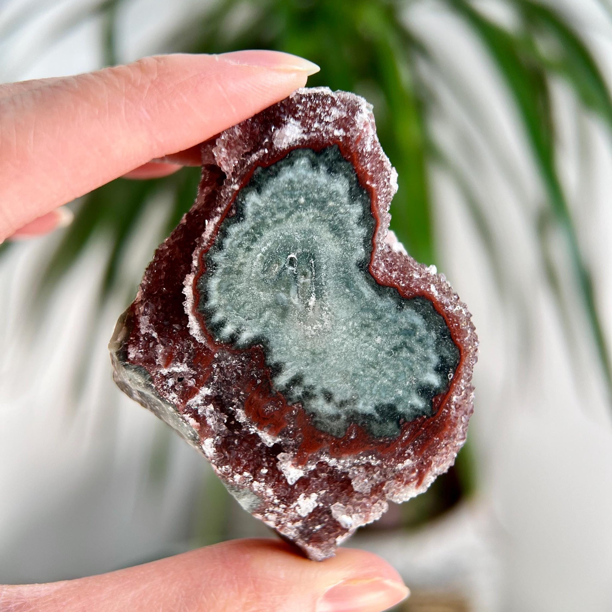 Grade AA Natural Red Druzy with Green Jasper Stalactite Eye from Uruguay – Rainbow Amethyst, Crown, Heart and Root Chakra, US85, 105g