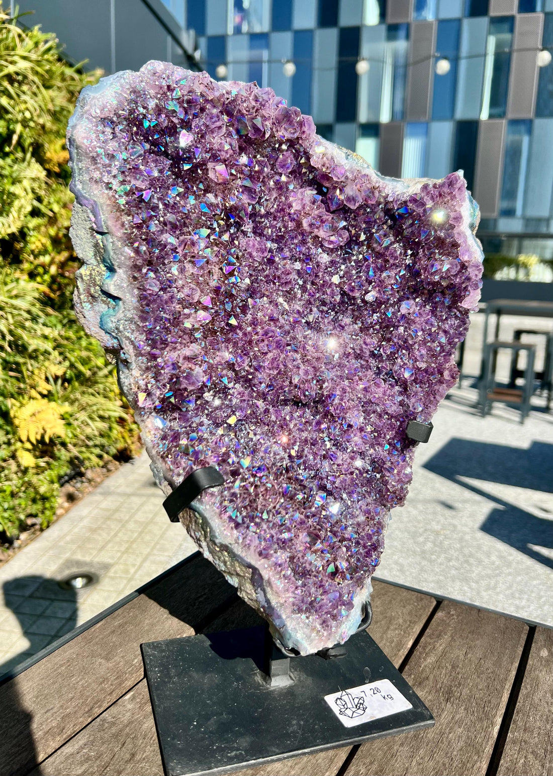 Grade AA+ Large Aura Amethyst Cluster on Stand – 7.2kg Titanium-Coated with Amethyst Flower Formation, Space Guardian, Portal Opening