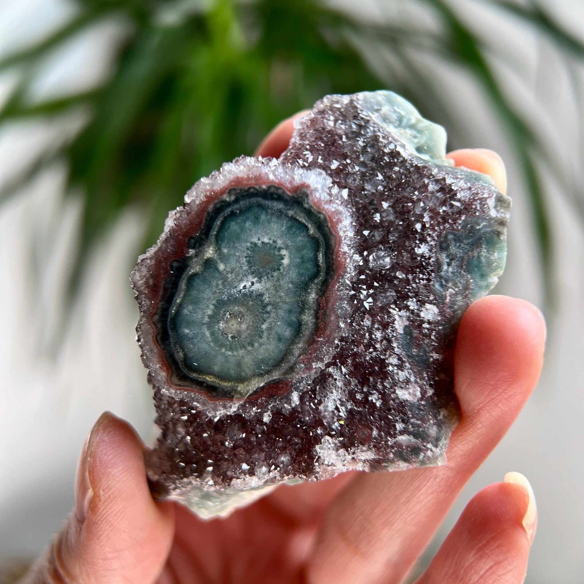 Grade AA Natural Druzy Jasper Stalactite Eye from Uruguay – Rainbow Amethyst, Heart, Sacral and Root Chakra, US104, 66g