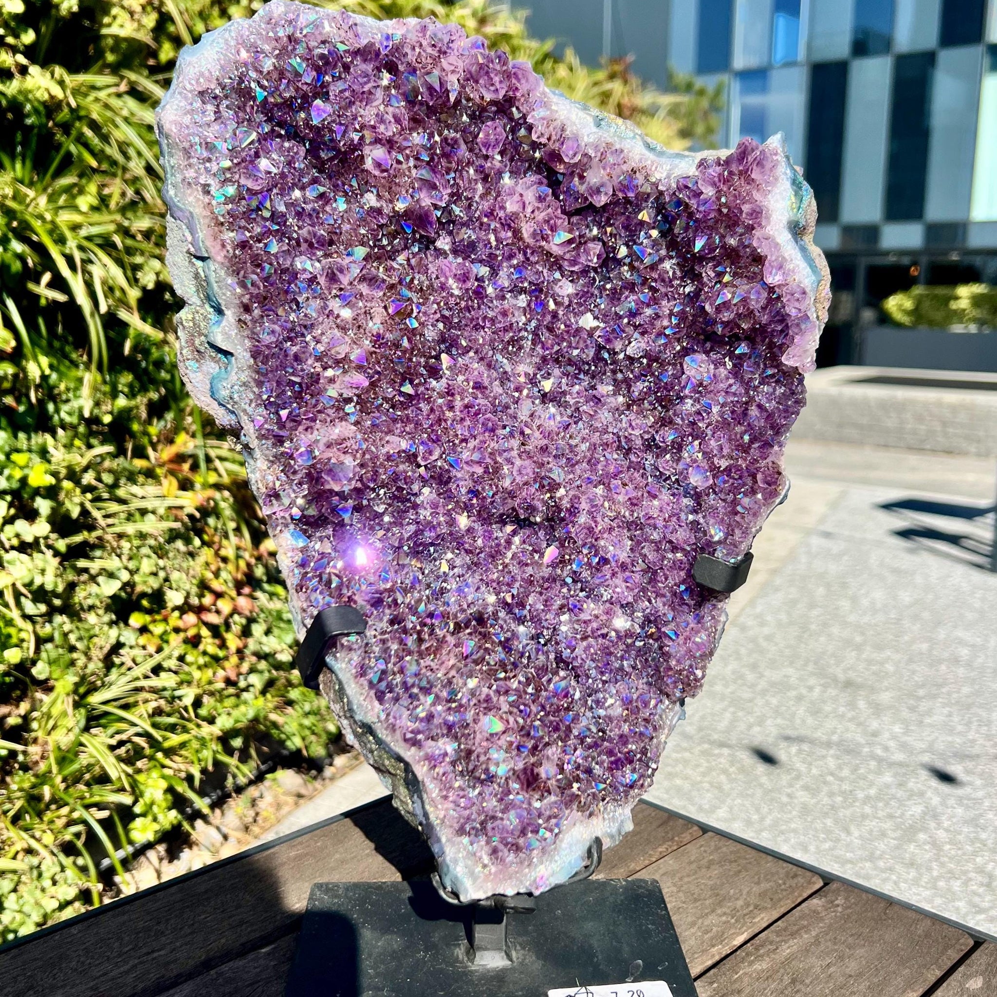 Grade AA+ Large Aura Amethyst Cluster on Stand – 7.2kg Titanium-Coated with Amethyst Flower Formation, Space Guardian, Portal Opening