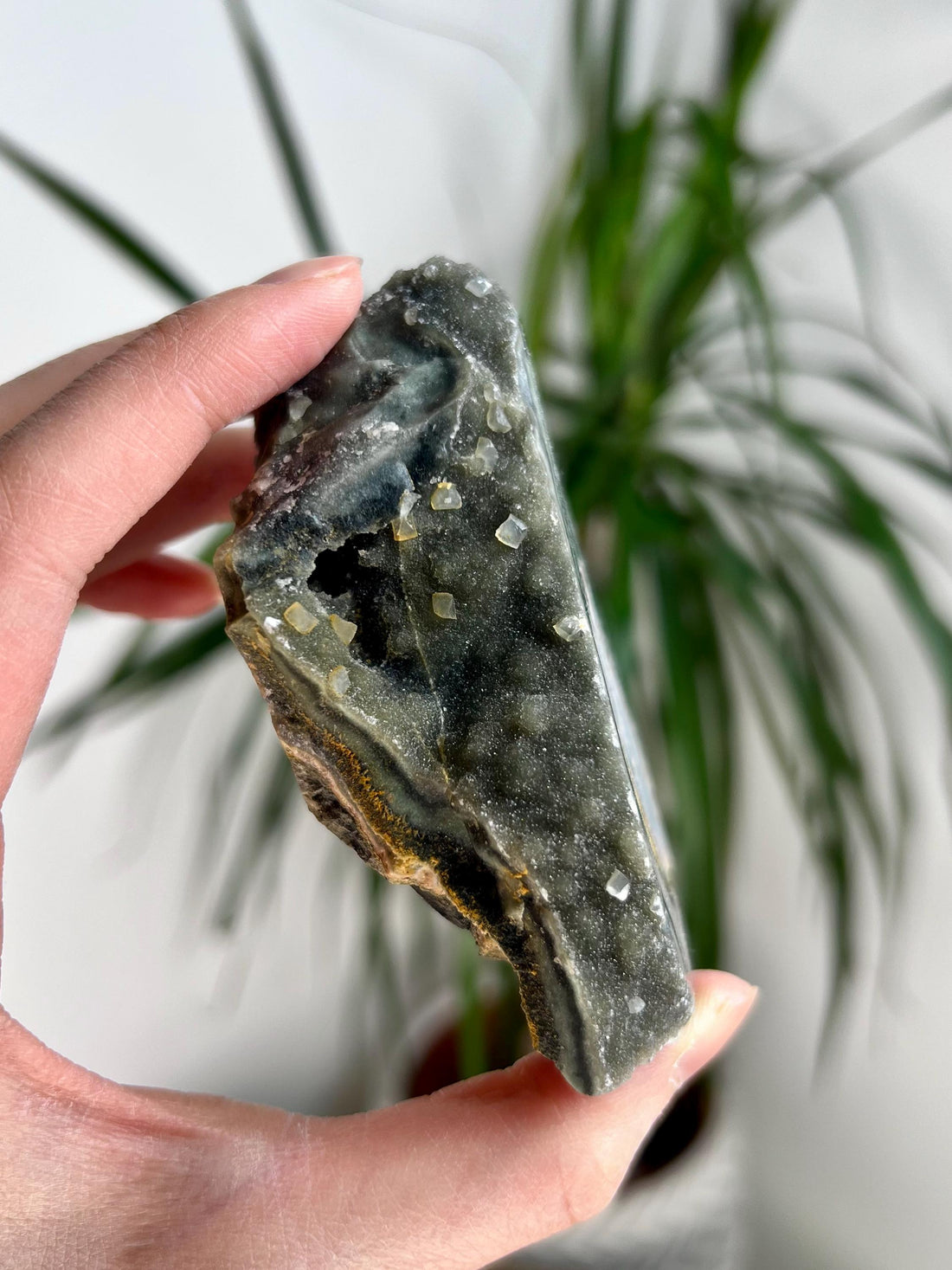 Grade AA Natural Green Druzy Jasper Stalactite Eye with Calcite from Uruguay – Rainbow Amethyst, Heart, Sacral and Root Chakra, US99, 185g
