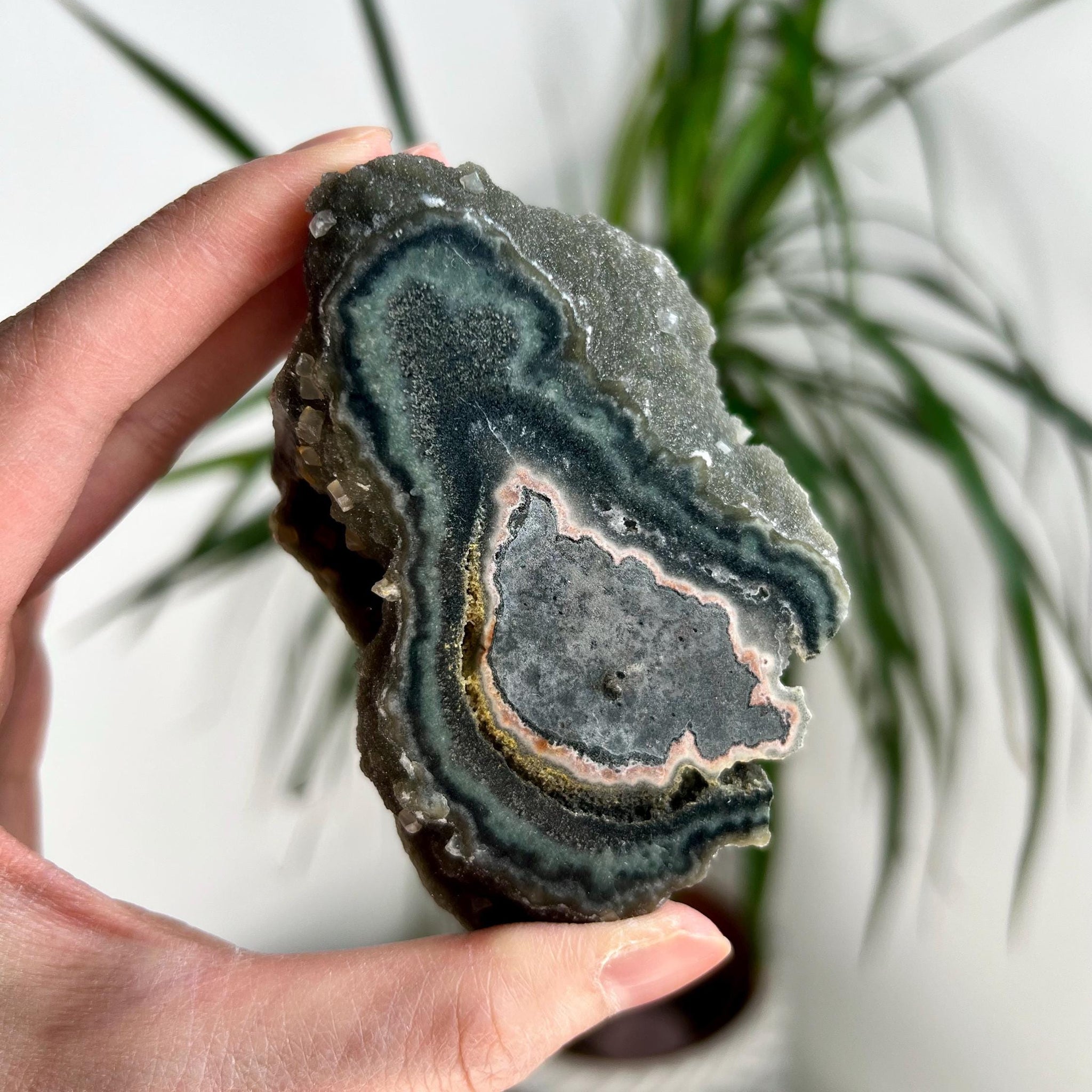 Grade AA Natural Green Druzy Jasper Stalactite Eye with Calcite from Uruguay – Rainbow Amethyst, Heart, Sacral and Root Chakra, US99, 185g