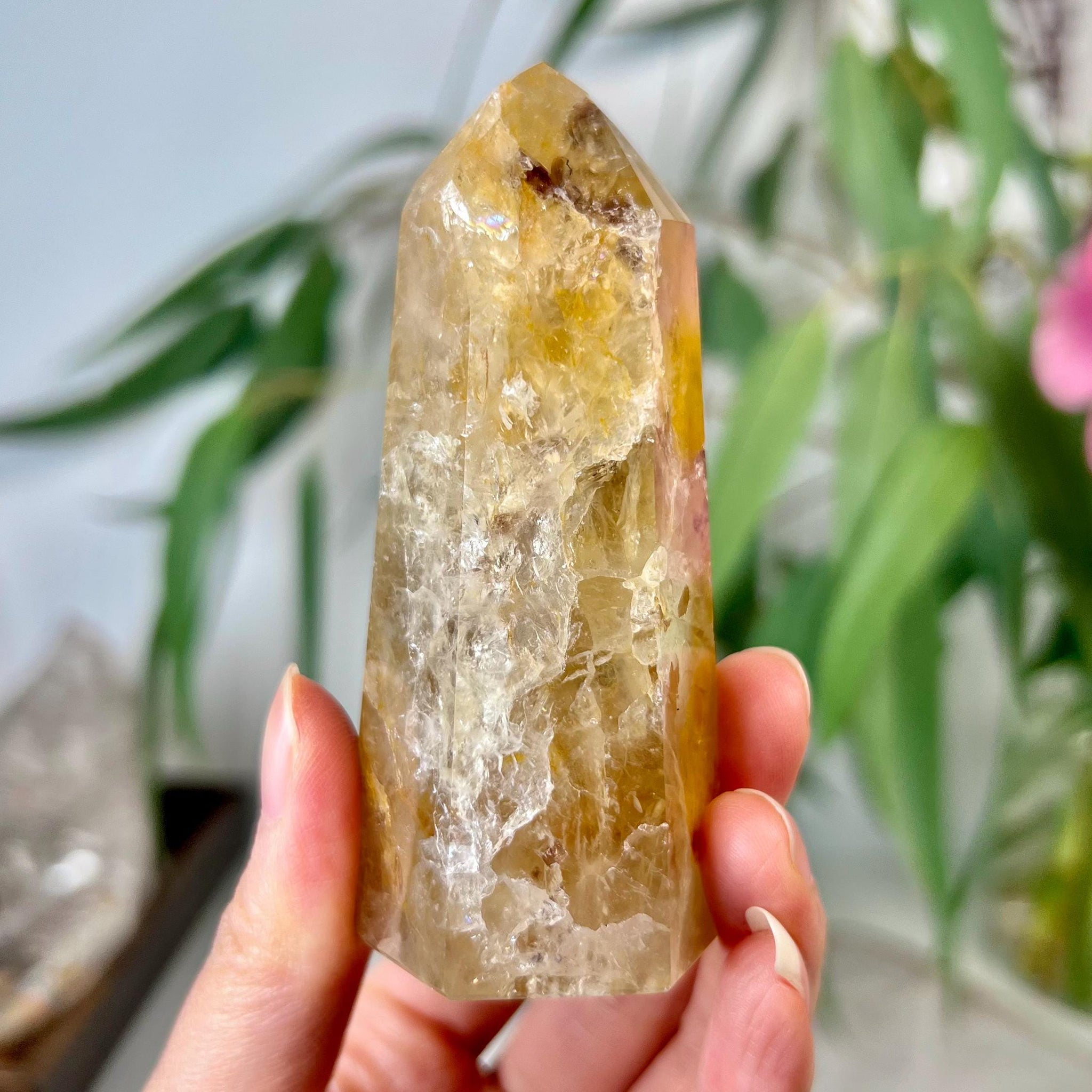 Grade AA Golden Healer Tower with Iron - Natural Hematoid Quartz for Ultimate Healing, Abundance, and High Energy Frequency GHC44, 152g