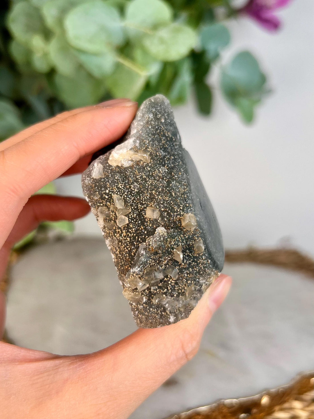 Grade AA Natural Green Jasper Grey Druzy Stalactite Eye with Calcite Cubes from Uruguay – Rainbow Amethyst, Heart Chakra, US114, 136g
