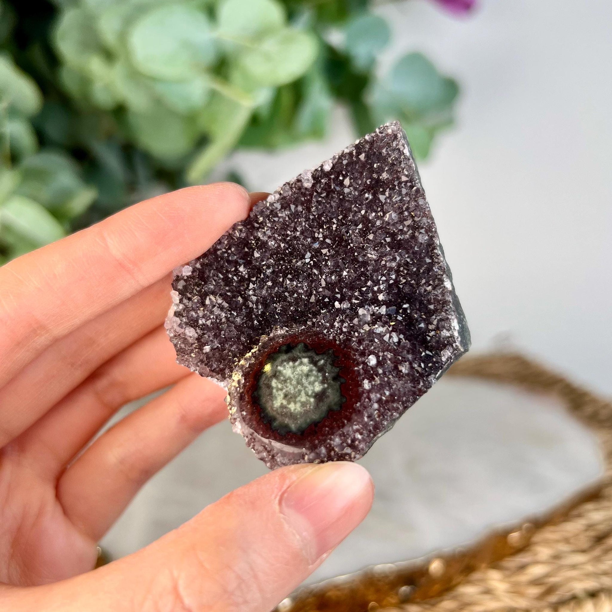Grade A+ Natural Red Druzy with Green Jasper Stalactite Eye from Uruguay – Rainbow Amethyst, Crown, Heart and Root Chakra, US117, 62g