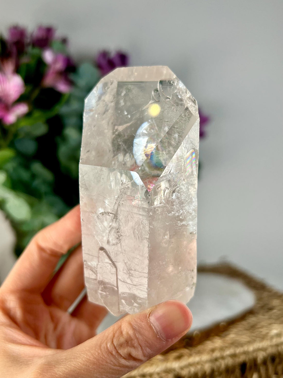 Grade AA Natural Etched Clear Quartz Point with Rainbows and Chlorite -  QPC16, 320g