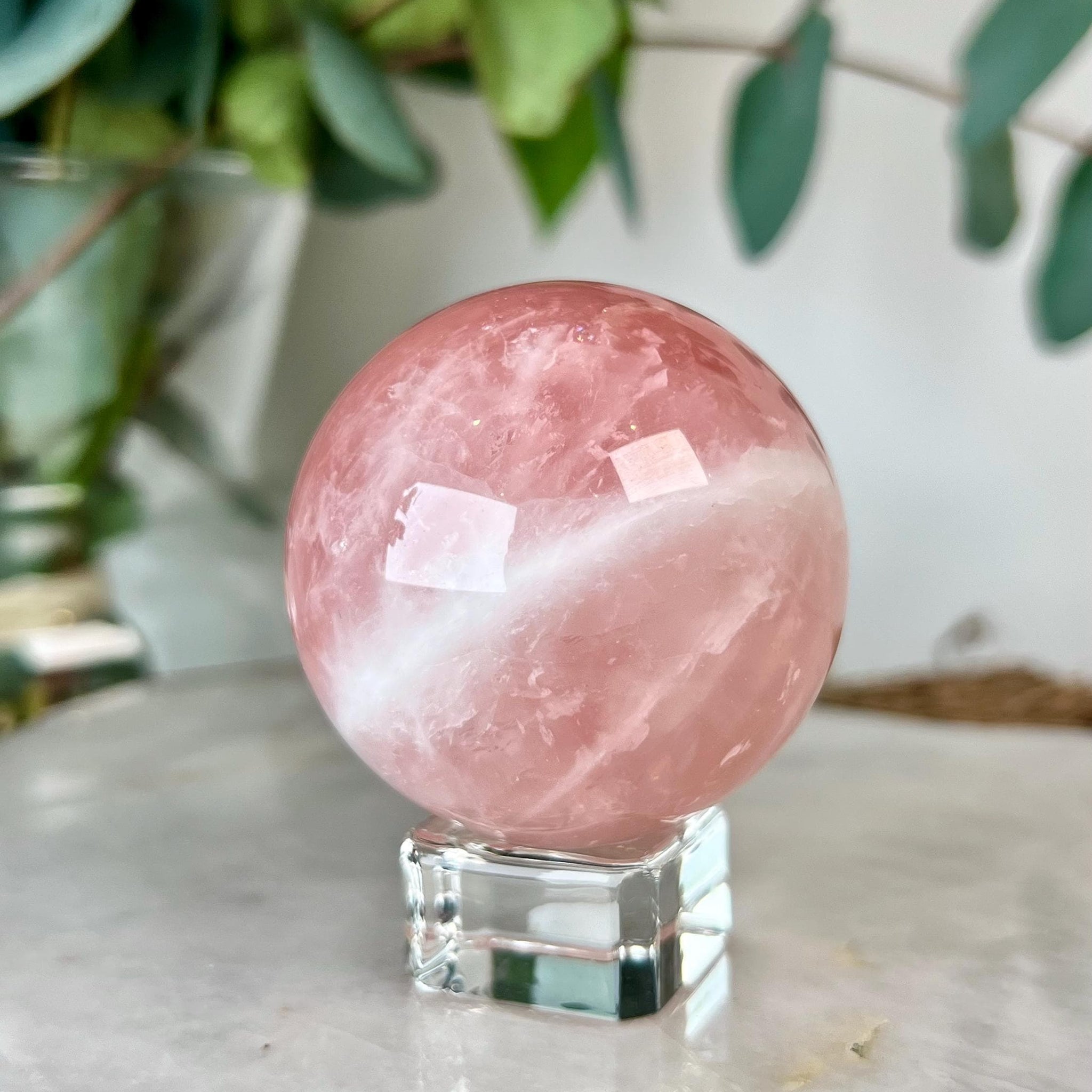 Grade AAA Rose Quartz Sphere with Starlight and Rainbow | High-Vibe Heart Healing Crystal on Glass Stand | Madagascar Quartz 187g - RSQ01