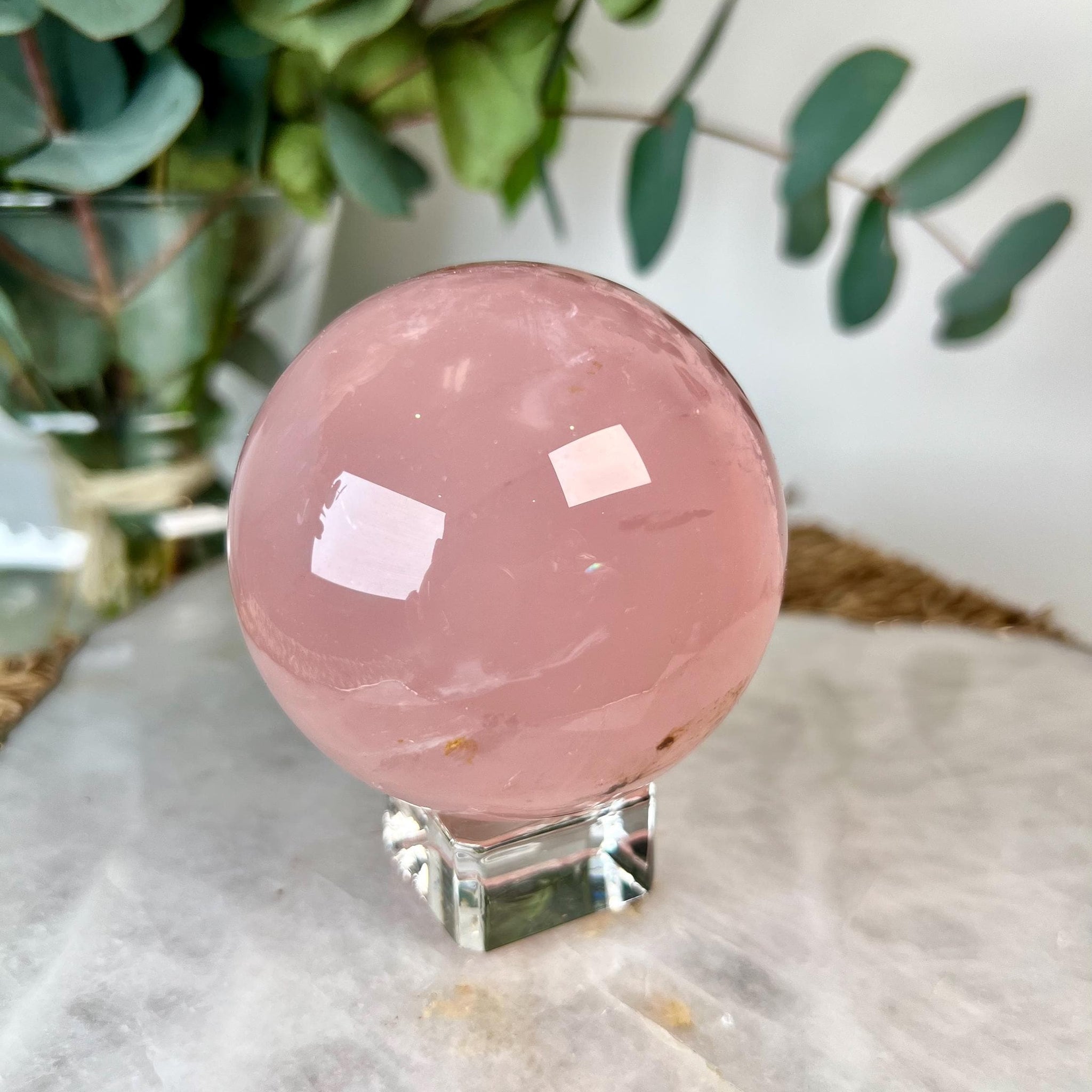 Grade AAA Rose Quartz Sphere with Starlight Iron and Pyrite | Heart Healing Crystal on Glass Stand | Madagascar Quartz 467g - RSQ05