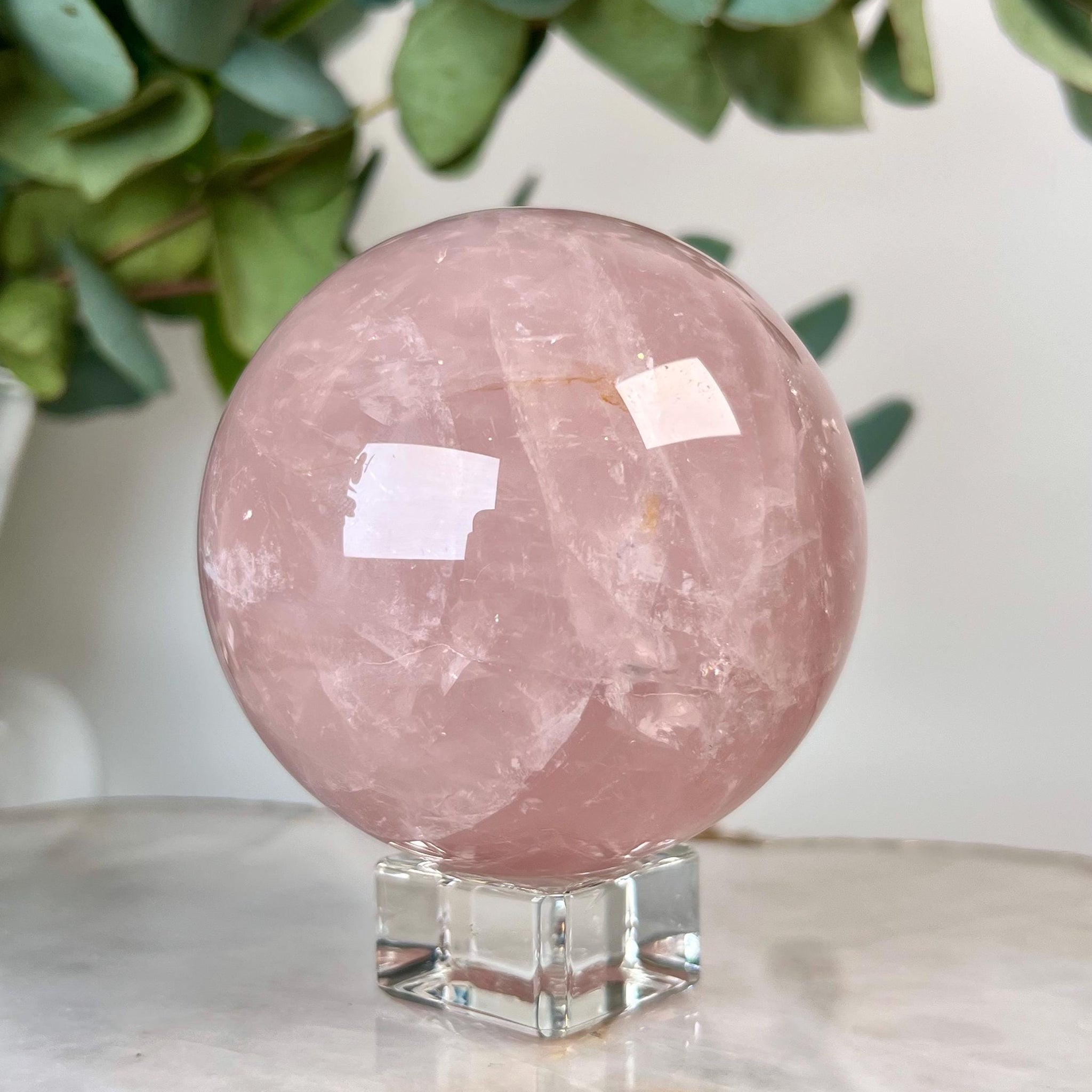 Grade AA Rose Quartz Sphere with Hematoid, Starlight and Rainbow |Heart Healing Crystal on Glass Stand | From Madagascar 677g - RSQ07