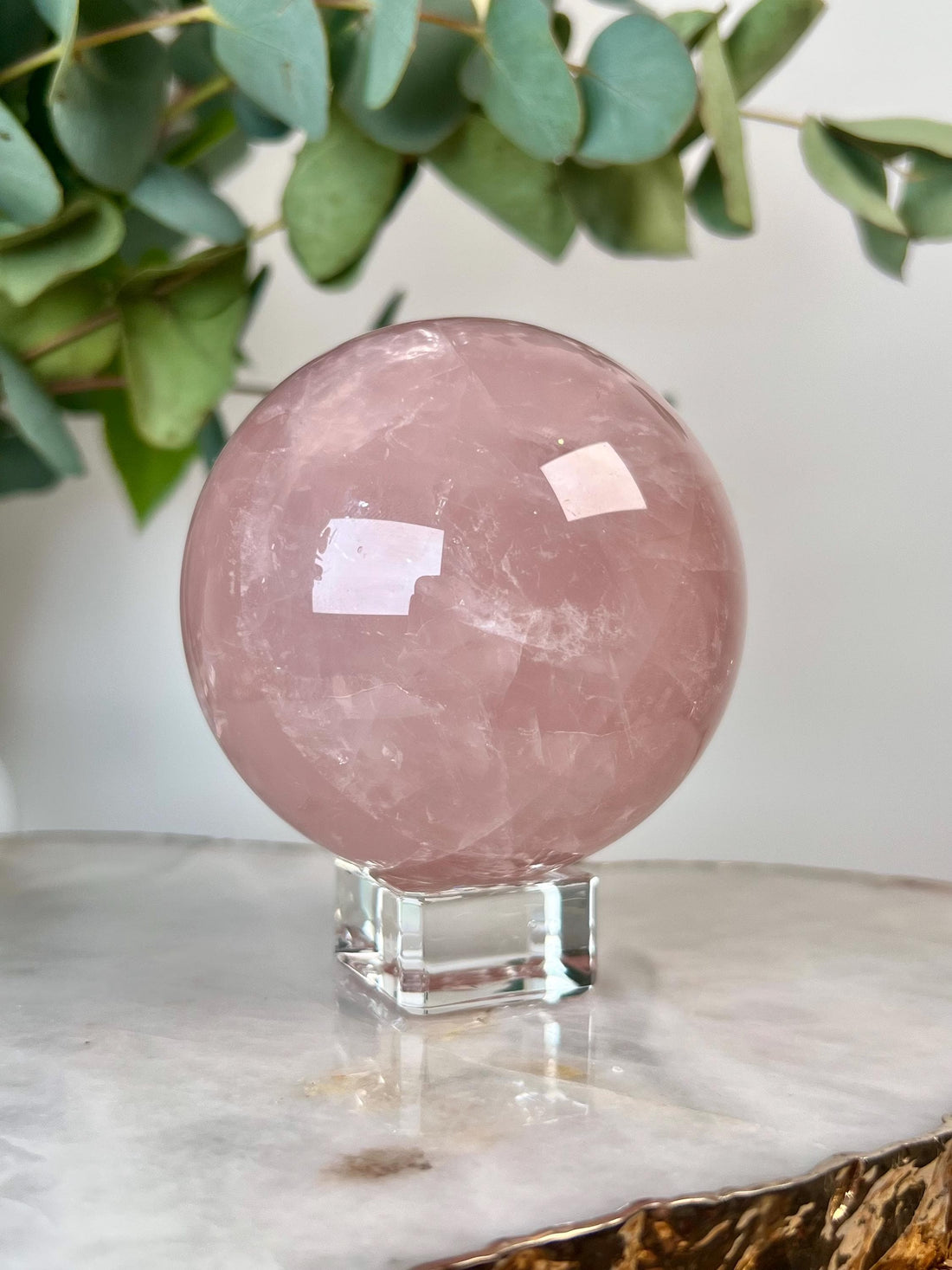 Grade AA Rose Quartz Sphere with Hematoid, Starlight and Rainbow |Heart Healing Crystal on Glass Stand | From Madagascar 677g - RSQ07