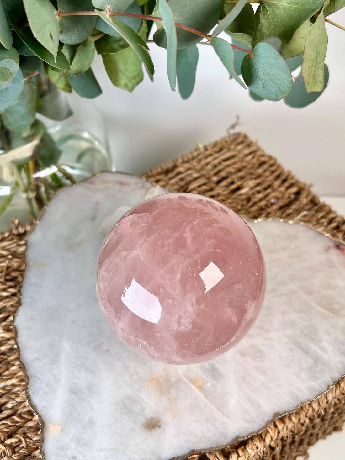 Grade AA Rose Quartz Sphere with Starlight and Rainbows |Heart Healing Crystal on Glass Stand | From Madagascar 920g - RSQ08