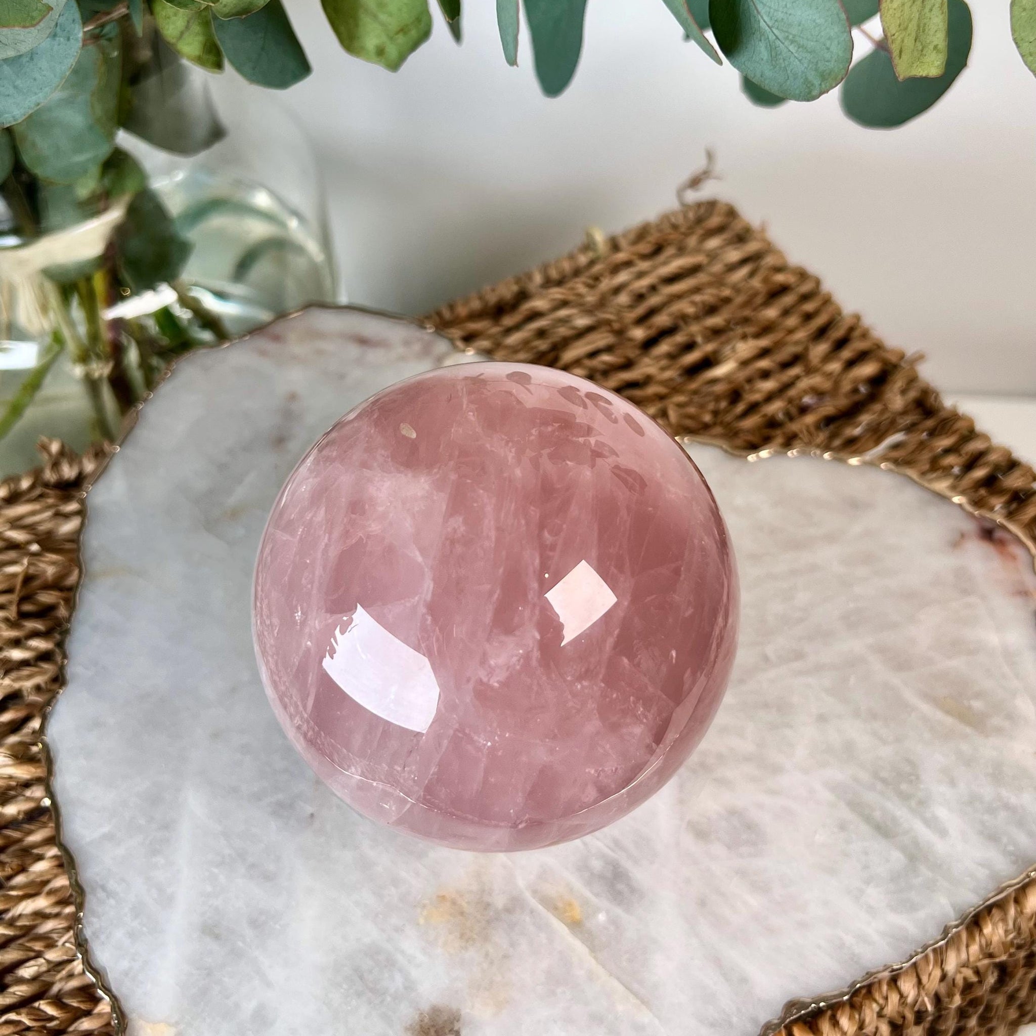 Grade AA Rose Quartz Sphere with Starlight and Rainbows |Heart Healing Crystal on Glass Stand | From Madagascar 920g - RSQ08