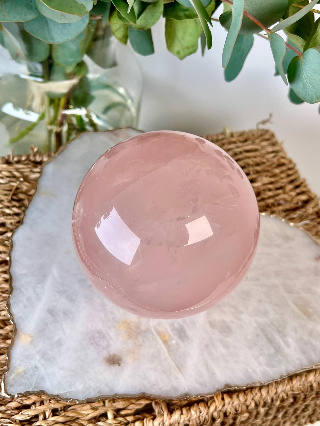 Grade AA Rose Quartz Sphere with Starlight Rainbows |Heart Healing Crystal on Glass Stand | From Madagascar 1445g - RSQ09