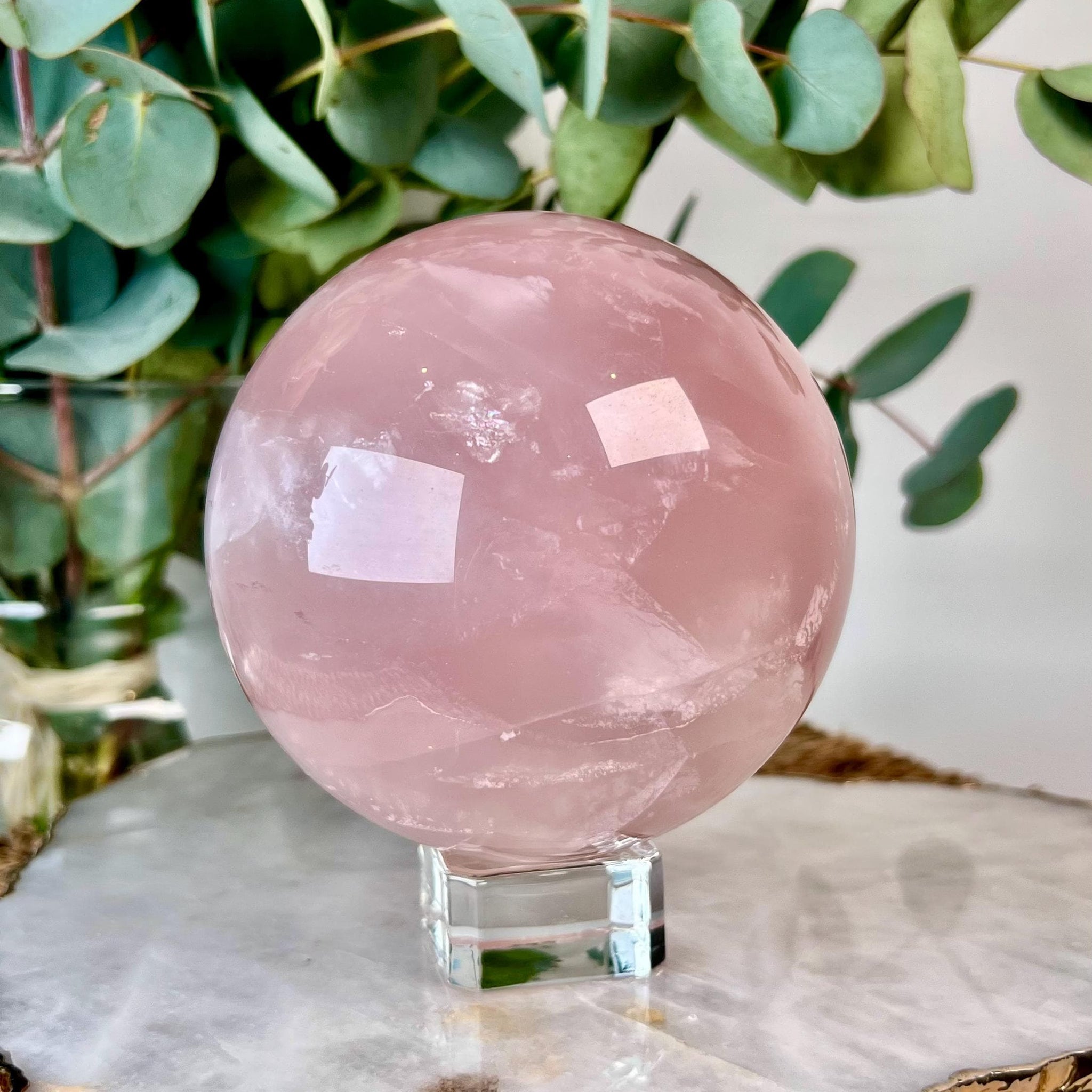 Grade AA Rose Quartz Sphere with Starlight Rainbows |Heart Healing Crystal on Glass Stand | From Madagascar 1445g - RSQ09
