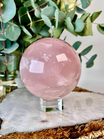 Grade AA Rose Quartz Sphere with Starlight Rainbows |Heart Healing Crystal on Glass Stand | From Madagascar 1445g - RSQ09