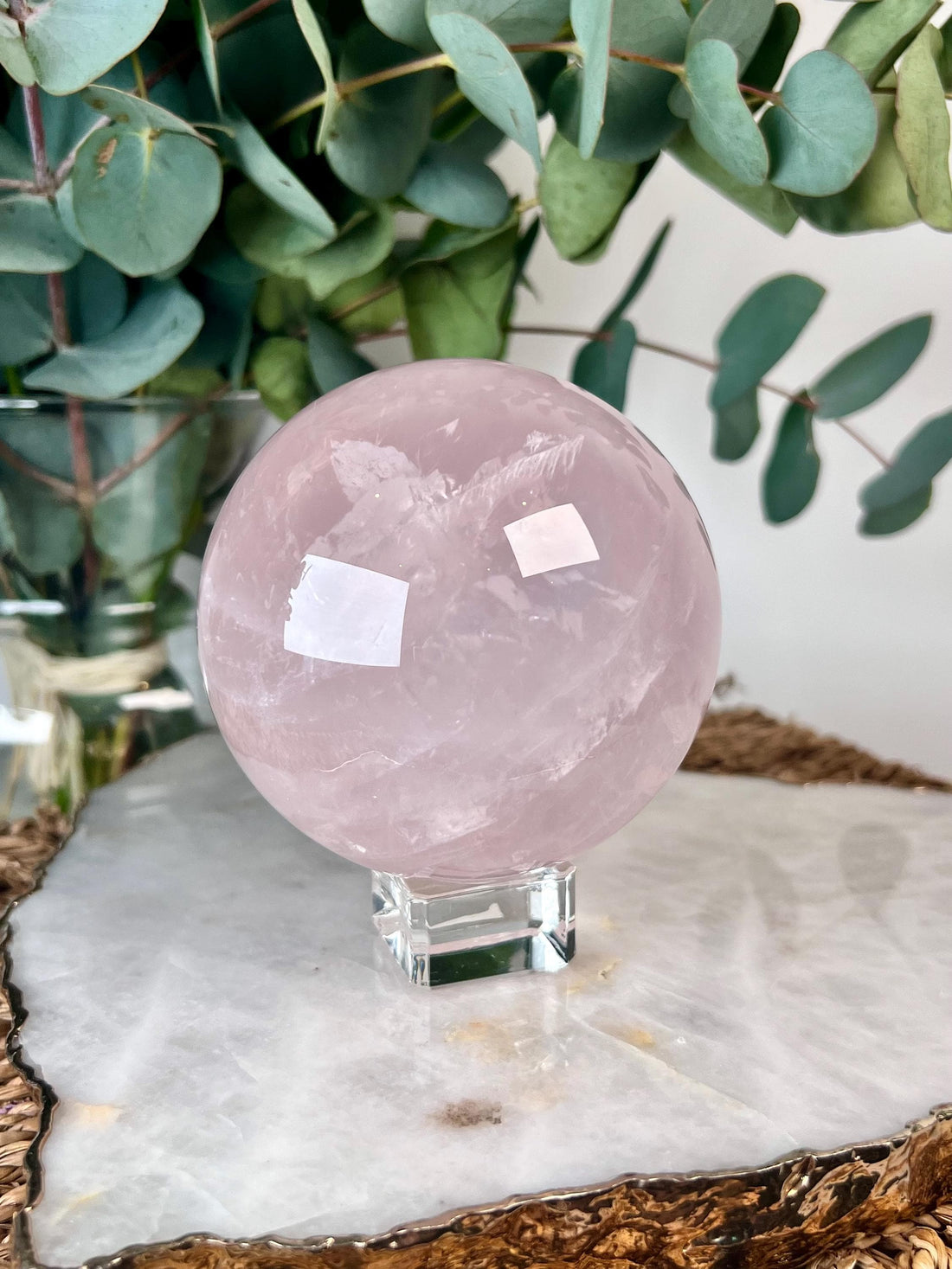 Grade AA+ Rose Quartz Sphere with Starlight and Rainbow |Heart Healing Crystal on Glass Stand | From Madagascar 923g - RSQ11