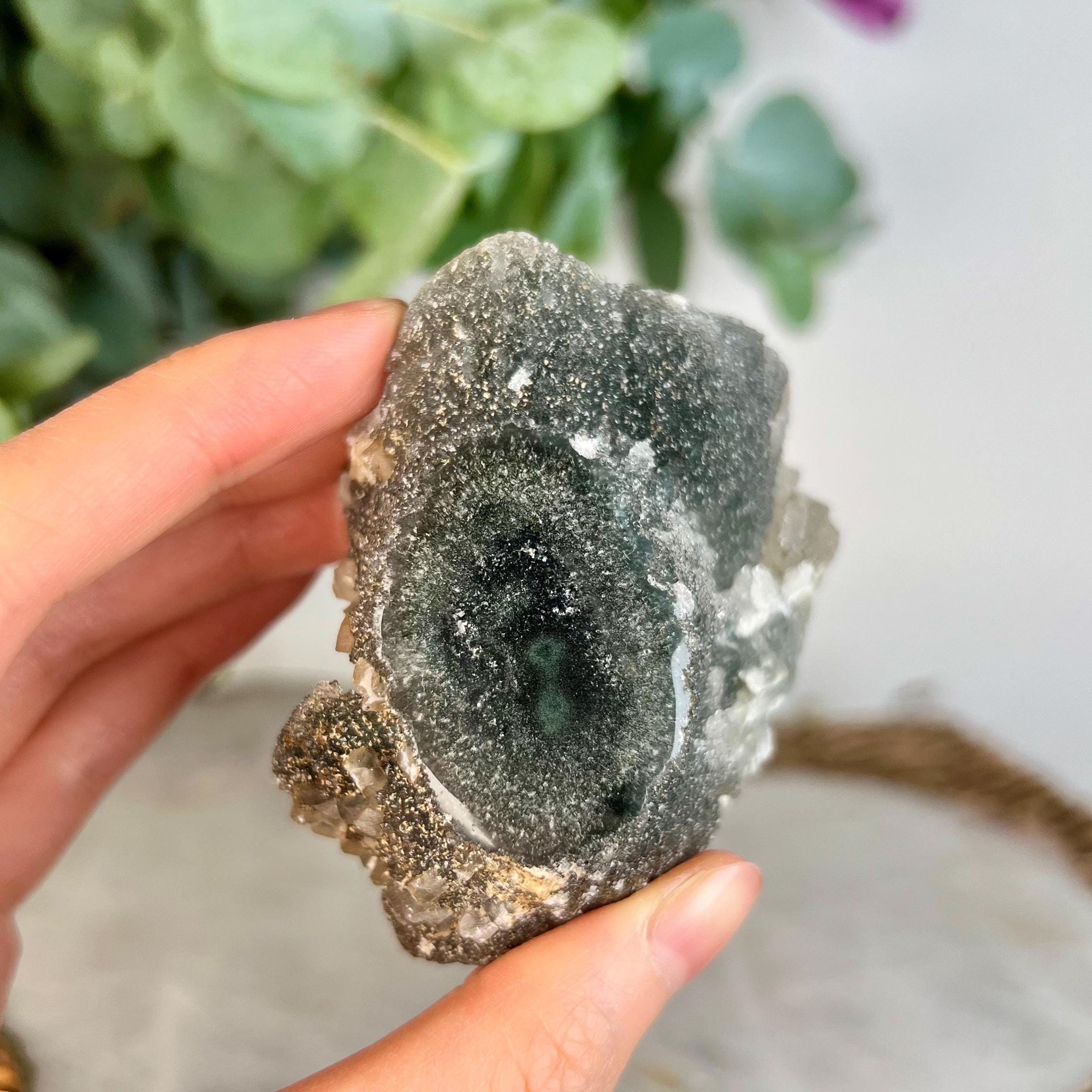 Grade AA Natural Green Jasper Grey Druzy Stalactite Eye with Calcite Cubes from Uruguay – Rainbow Amethyst, Heart Chakra, US114, 136g