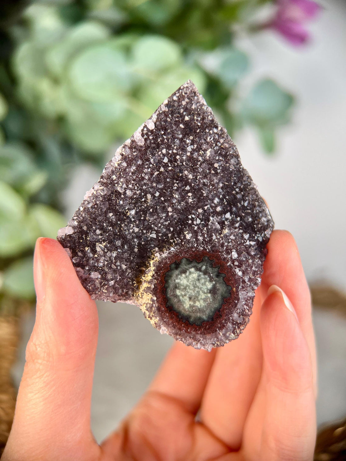 Grade A+ Natural Red Druzy with Green Jasper Stalactite Eye from Uruguay – Rainbow Amethyst, Crown, Heart and Root Chakra, US117, 62g