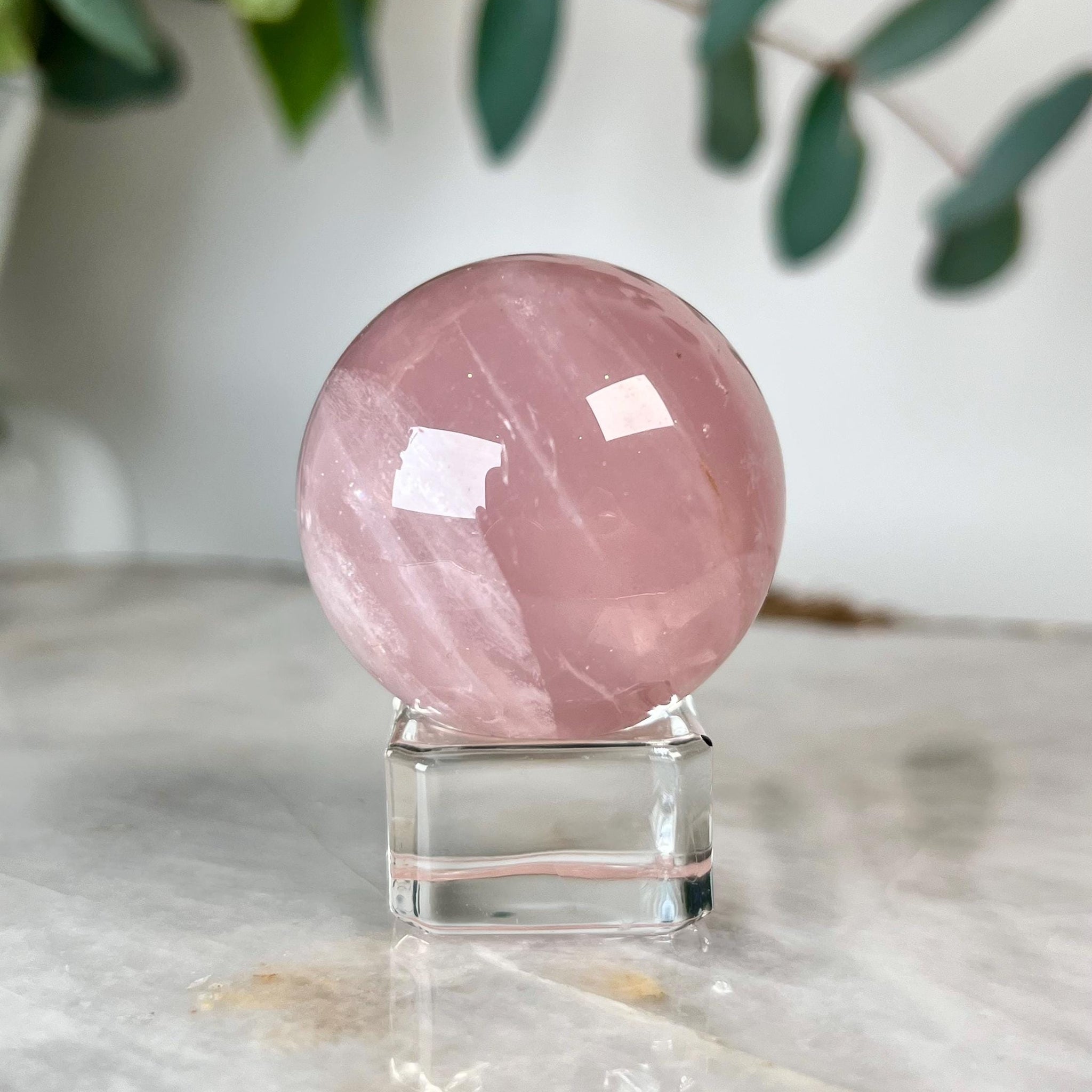 Grade AA Rose Quartz Sphere with Rainbow | High-Vibe Heart Healing Crystal on Glass Stand | Madagascar Quartz 80g - RSQ02